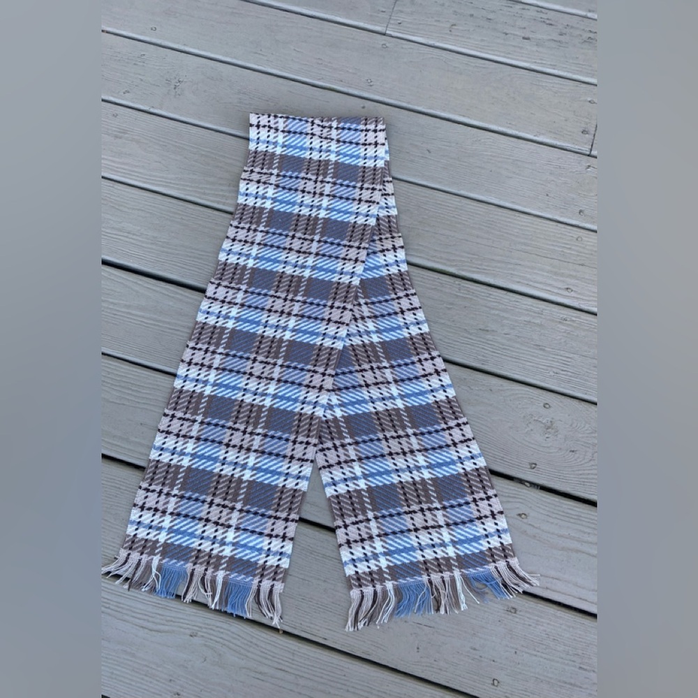 Elegant long plaid scarf with fringes (cream/blue/brown/tan), Size: 60”L.x 9”